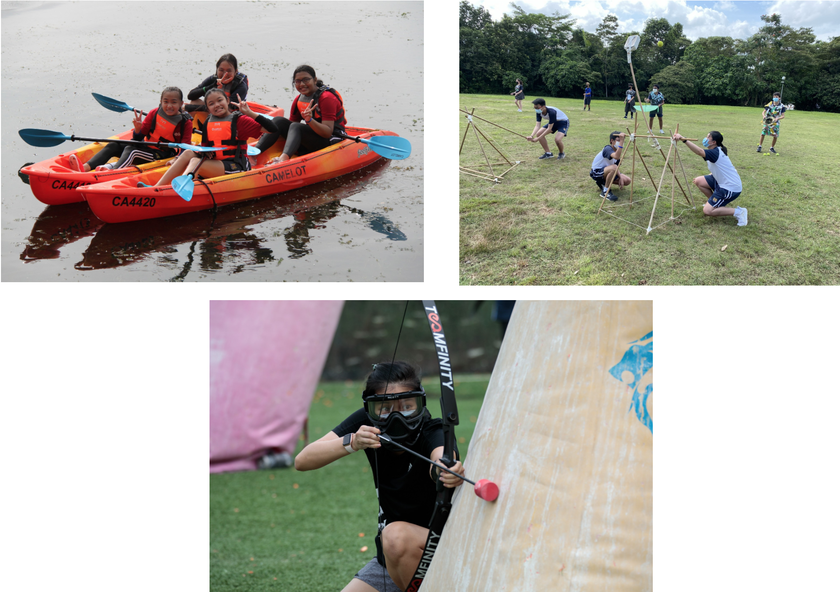 Three outdoor activity scenes: kayaking on water, building a bamboo structure on grass, and a person doing archery tag.